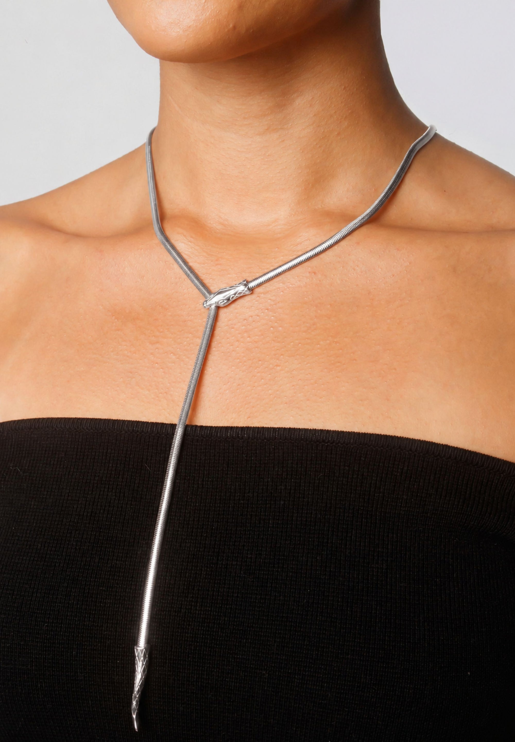 Medusa Snake Silver Lariat Necklace
